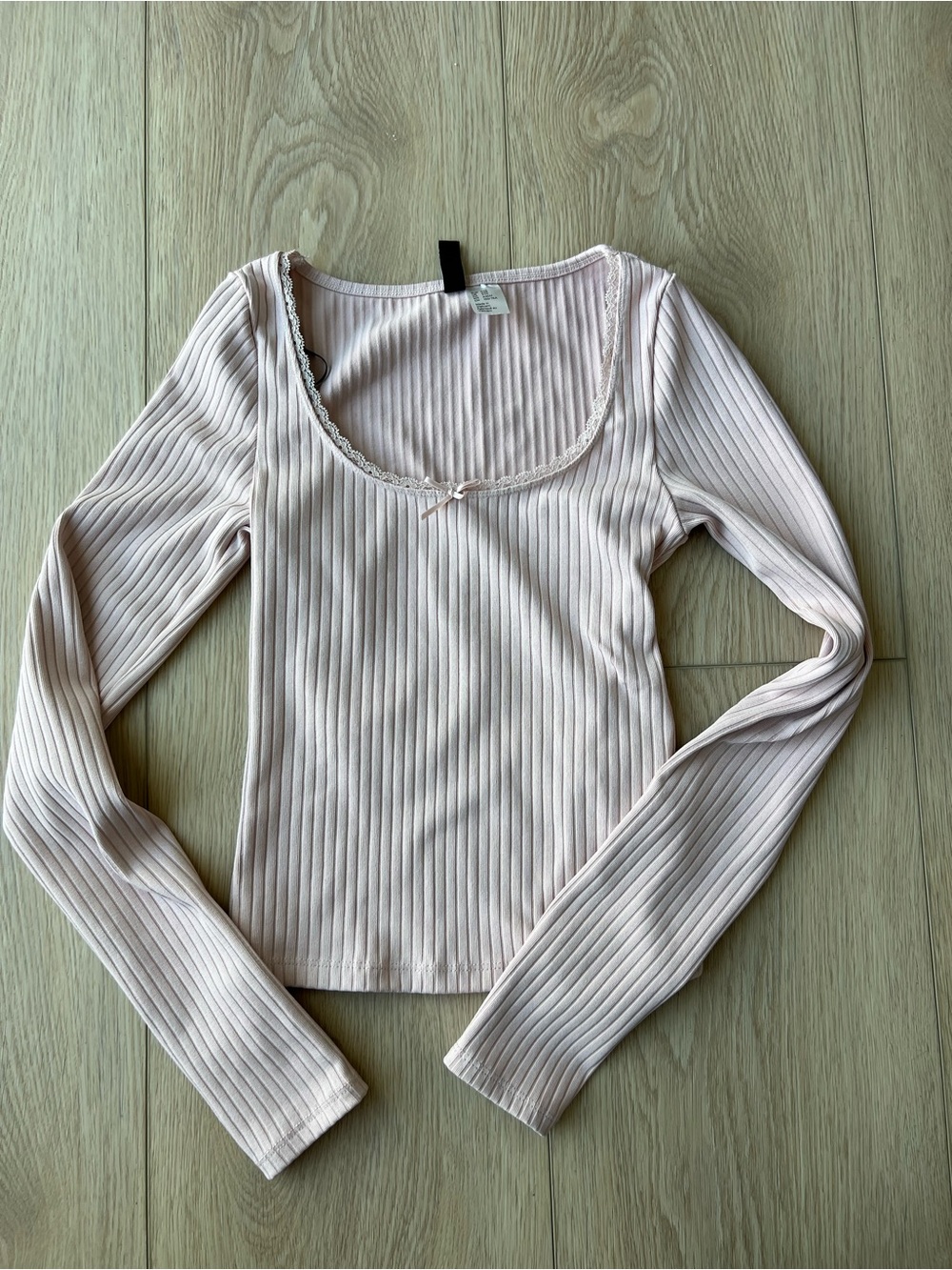 H&M Pale Pink Ribbed Long-Sleeve Scoop Neck Top